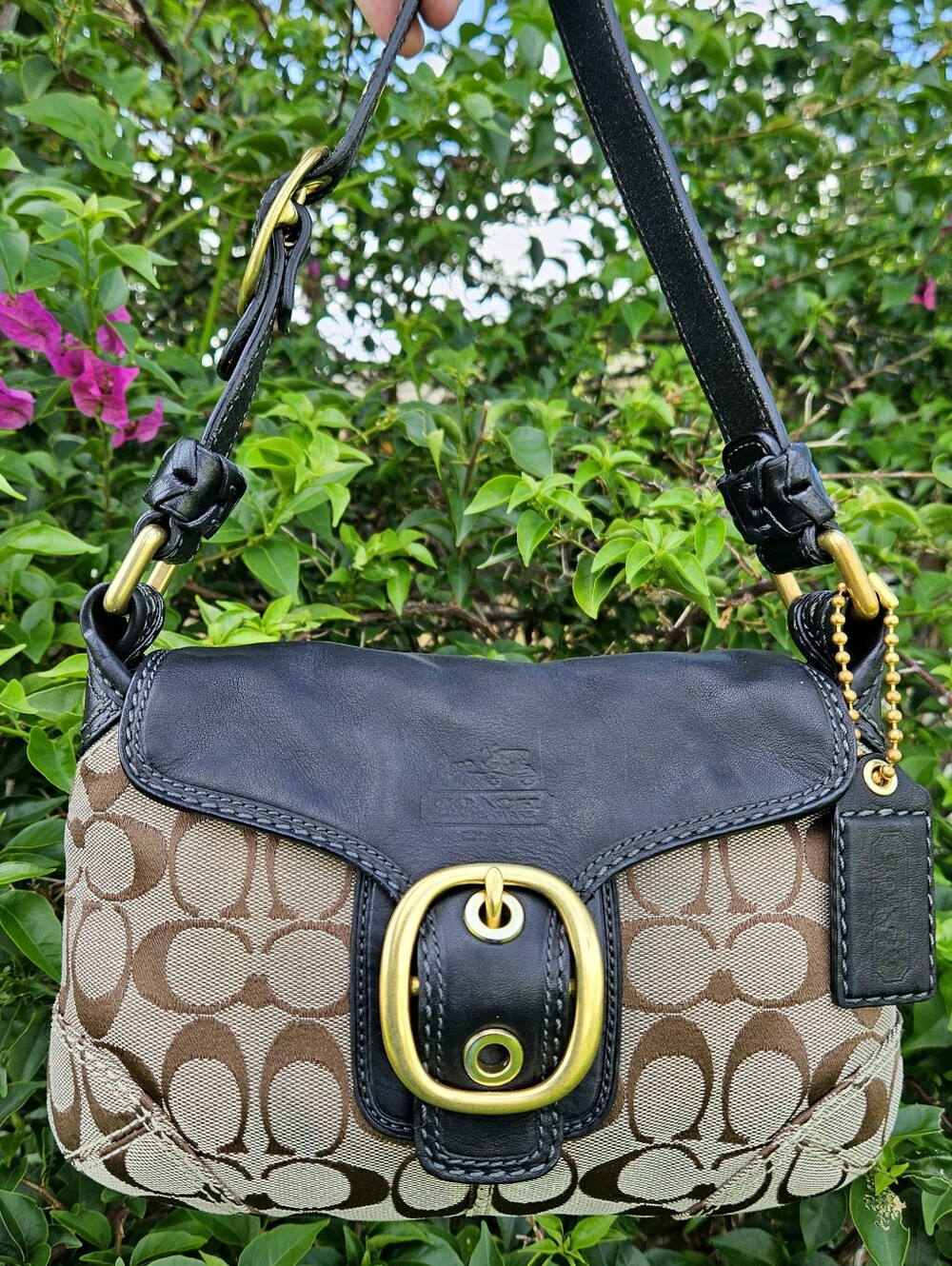 Coach Bleecker Small Flap 11441 Signature Canvas Black Leather Buckle Bag